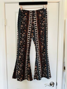 Vibe Black Floral Stripe Flare Pants 70s Boho Retro Size Large